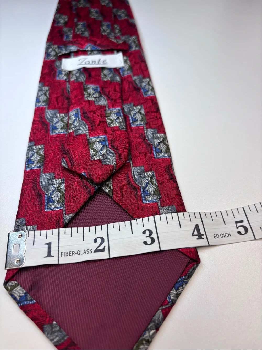 Zante Red Geometric Silk Tie with Silver and Blue Accents EUC Vintage Italian